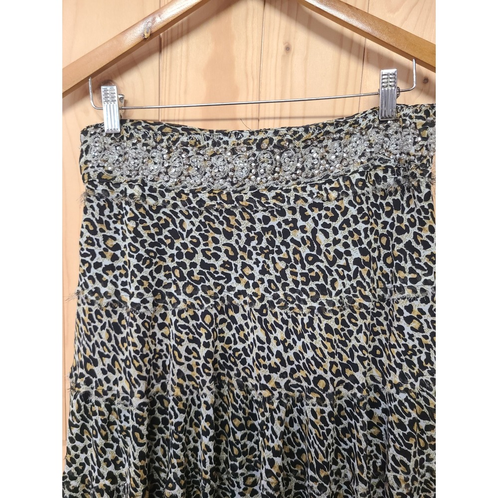 Dimri Leopard Print Midi Skirt Women L Brown Good Beaded Tiered Ruffle Y2K Glam - Picture 3 of 8
